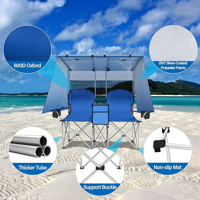 BESTHLS Double Canopy Camping Chair with Shade Folding Loveseat Chairs with Cup Holder Cooler Bag Organize Pouch for Camp Beach Sports Lawn Patio Outside (Blue)