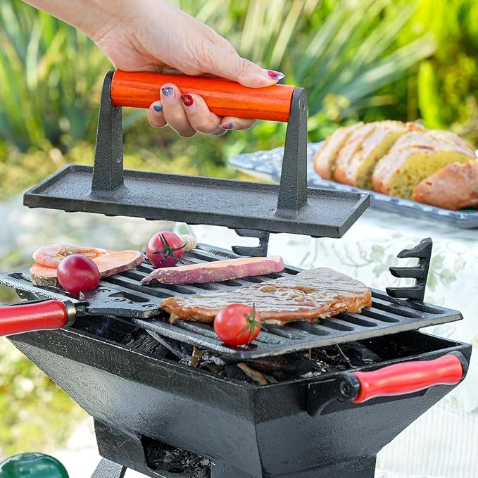 Sungmor Heavy Duty Cast Iron Grill Press, 8.7" x 4.3" Rectangel Burger Press Bacon Smasher with Wood Handle, Meat Steak Weight for Blackstone Grill,Outdoor Griddle, Kitchen Barbecue Press Tool