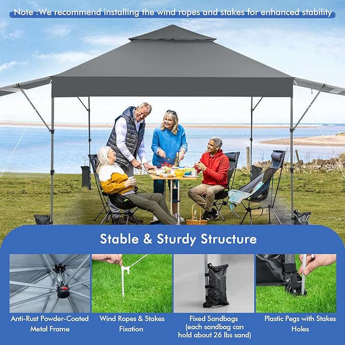 Tangkula 10x17.6 Ft Pop Up Canopy with Adjustable Dual Awnings, 2 Tier Outdoor Canopy Tent with 8 Stakes, 4 Ropes, 4 Sand Bags, Wheeled Bag, Easy Setup Instant Tent for Patio, Market, Picnic