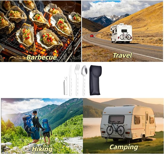 4-in-1 Camping Spoon Fork Knife Combos Set of 4 - Portable Stainless Steel Flatware Spoon Fork kit - forks Knife & Bottle Opener Combo Pack for Picnic Hiking Travel