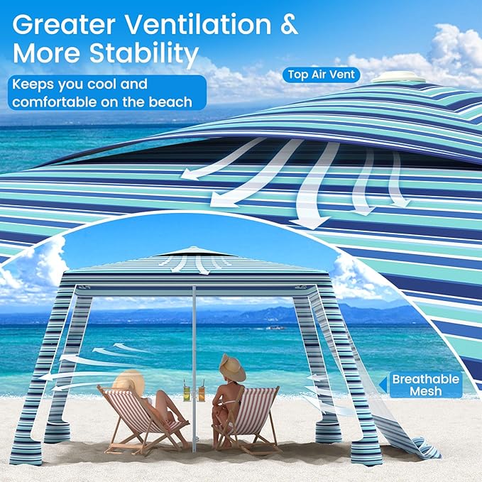 MoKo Beach Cabana, 8'×8' Large Beach Canopy with Side Wall, UPF 50+ Protection Easy Setup Beach Tent Sun Shelter, Adjustable Height Wind Resistant Cabana Beach Tent for Whole Family, Blue-Green Stripe