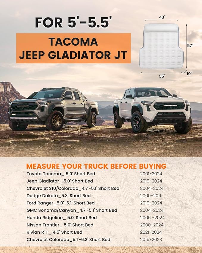 Short Truck Bed Mattress 5-5.5ft for Mid-Size Pickup, Truck Bed Air Mattress for Tacoma Jeep Gladiator JT, Rechargable Built in Pump, Integrated Pillow