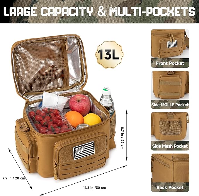 QT&QY Tactical Lunch Bag for mens Military heavy duty lunch box work Leakproof insulated Durable Thermal Cooler Bag for Adult Meal for Office Camping Picnic Pail MOLLE Webbing Khaki