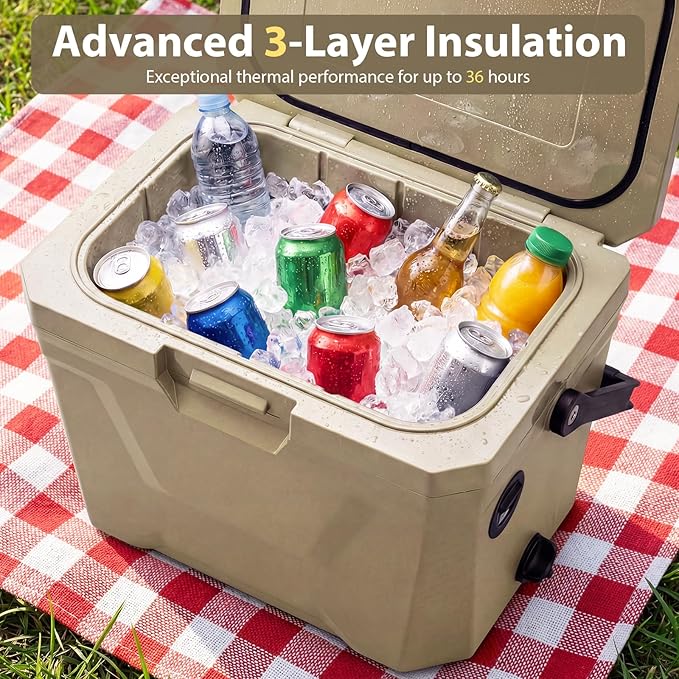 COSTWAY Insulated Portable Cooler, Hard Shell Ice Chest w/ 2 Cup Holders, Bottle Opener, Drain Plug, 3-Day Ice Retention, Outdoor Leak-Proof Dry Box for Beach, Camping, Fishing, Picnic
