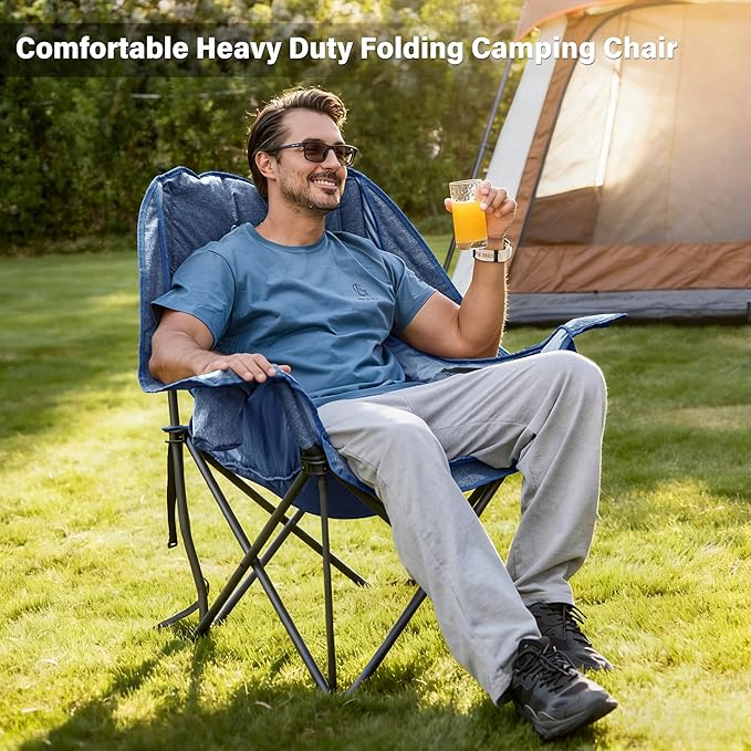 2 Pack Oversized Camping Chair, Portable Folding Padded Camp Chairs with Side Pocket, Cup Holder, Heavy Duty Support 500LBS Outdoor Lounge Chair for Adults, Fishing, Sports, Navy Blue