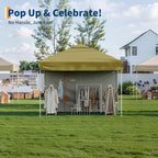 10x10 Pop Up Canopy with 3 Sidewalls - Easy Up Camping Tent with One Button Push Setup - 1 Roller Bag, 3 Adjustable Height, 4 Weight Bags for Deck, Garden, Sports, Beach, Party - Khaki