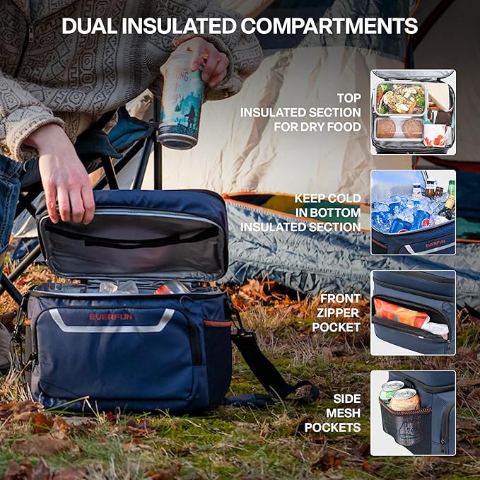 EVERFUN Small Cooler Bag 24 Can Insulated Lunch Box Double Deck Soft Leak-Proof Waterproof Collapsible Ice Chest for Men Women Work Travel Car Trip Picnic Beach