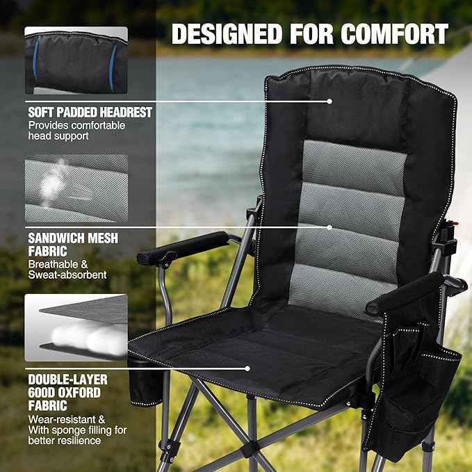 Extra Tall Folding Chairs for Adults 330lbs with Adjustable Backrest, Portable Bar Height Foldable Director Chairs with Lumbar Support, Comfortable with High Back and Footrest,Black,2Pack