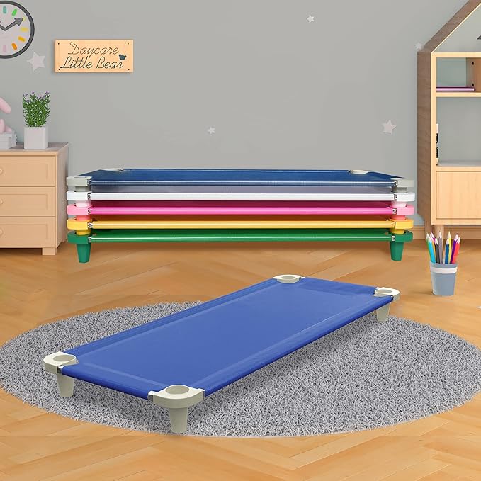 Acrimet Nap Cot for Kids, Portable Toddler Child Bed, Stackable, 52" L (Stainless Steel Tubes) (Blue Breathable Mesh Fabric - Gray Feet) (1 Pack)