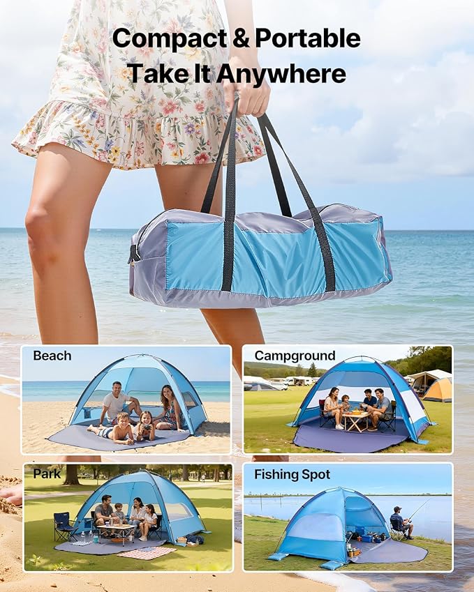 VEVOR Beach Tent Sun Shelter for 4 Person, UPF 50+ Protection, Portable Sun Shade Beach with Carrying Bag & Sand Pockets, Lightweight and Easy Setup Beach Umbrella for Camping Fishing Outdoor Picnic