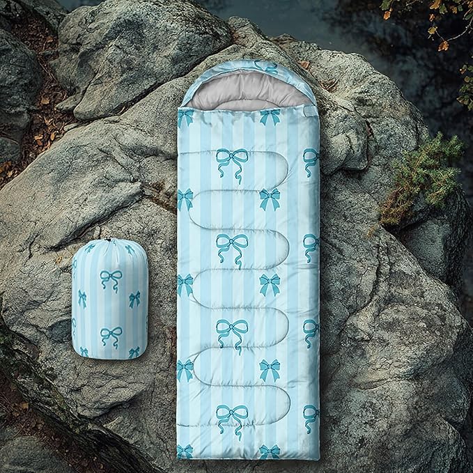 Colorful Bow Sleeping Bag, 3 Season Warm Cool Weather, Hand Drawn Bow Camping Sleeping Bag for Adult, Cute Bowknot Camping Backpacking for Outdoor Traveling Hiking Hunting Gear Equipment