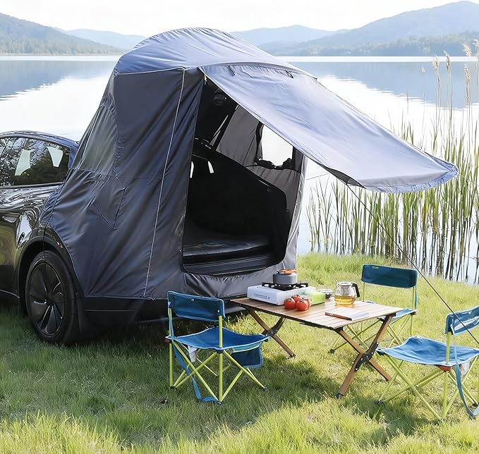 Tailgate Camping Tent for Tesla Model Y 2020-2024 Accessories [UPF50+ & Waterproof PU 3000mm] 420D Oxford Fabric Car Tailgate Shade Awning with Screen Net Suitable for 2-4 Person - Grey