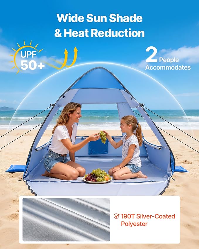 VEVOR Beach Tent Sun Shelter for 2 Person, UPF 50+ Protection, Portable Sun Shade Beach with Carrying Bag & Sand Pockets, Lightweight and Easy Setup Beach Umbrella for Camping Fishing Outdoor Picnic