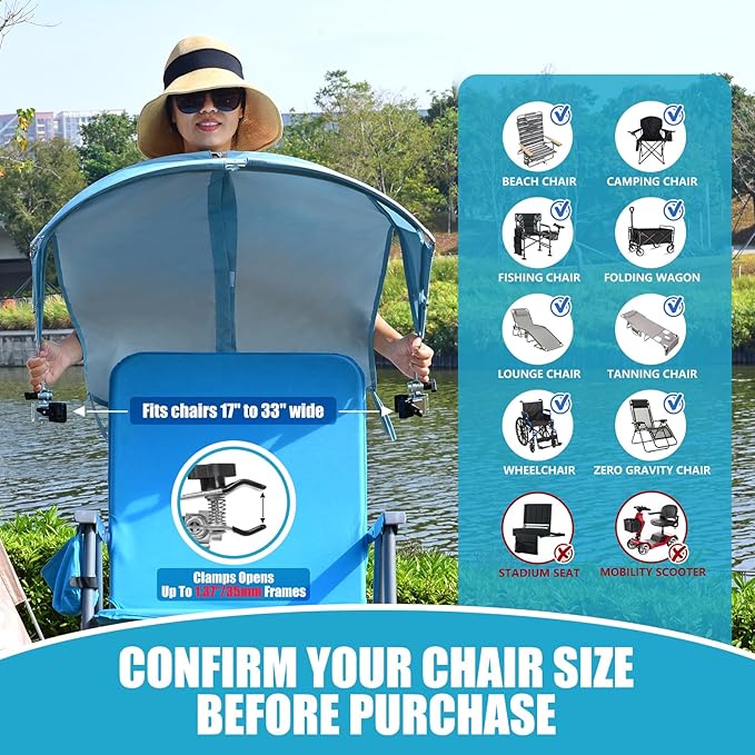 Universal Chair Umbrella Canopy, UPF 50+ Chair Sun Shade Attachment with Adjustable Clamp Fits Most Brands’ Beach, Camping, Lawn, Wheelchair, Tanning, Zero Gravity, Lounge, Fishing Chairs, Patented