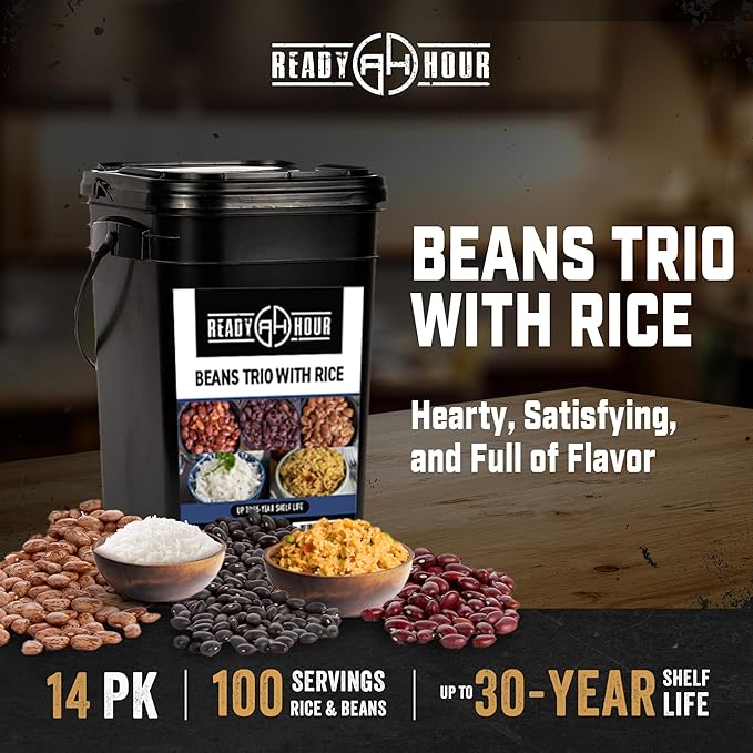 Ready Hour Beans Trio with Rice Kit Bucket (100 Servings) Survival Beans and Rice, Survival Food Storage, Emergency Preparedness Food, Prepper, Easy Prep, 30-Year Shelf Life
