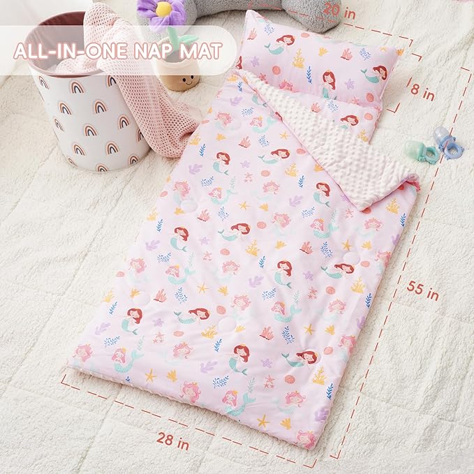 Bunnikins & Clover Toddler Nap Mat with Removable Pillow, Nap Mats for Preschool, Easy Clean Toddler Nap Pad for Kindergarten, Kids Sleeping Bag for Travel Camping