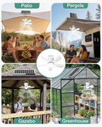 Solar Ceiling Fan Light, 30W Solar Gazebo Fan with Remote, Portable Solar Canopy Fans for Outside, Rechargeable Battery Operated Camping Fan, for Tent Shed Patio Greenhouse Porch Pergola