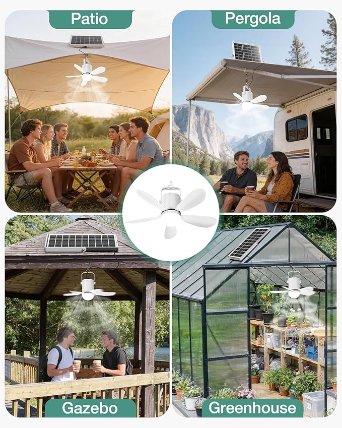 Solar Ceiling Fan Light, 30W Solar Gazebo Fan with Remote, Portable Solar Canopy Fans for Outside, Rechargeable Battery Operated Camping Fan, for Tent Shed Patio Greenhouse Porch Pergola