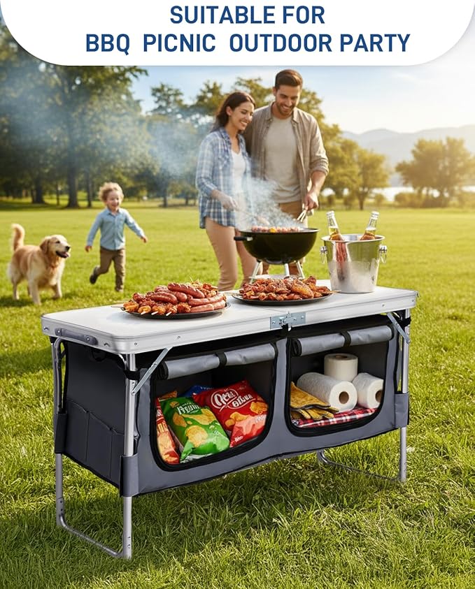 Outvita Folding Table, 4FT Aluminum Camping Table with Large Storage Space and Adjustable Height Picnic Table Lightweight for Carring Outdoor Party Events Beach