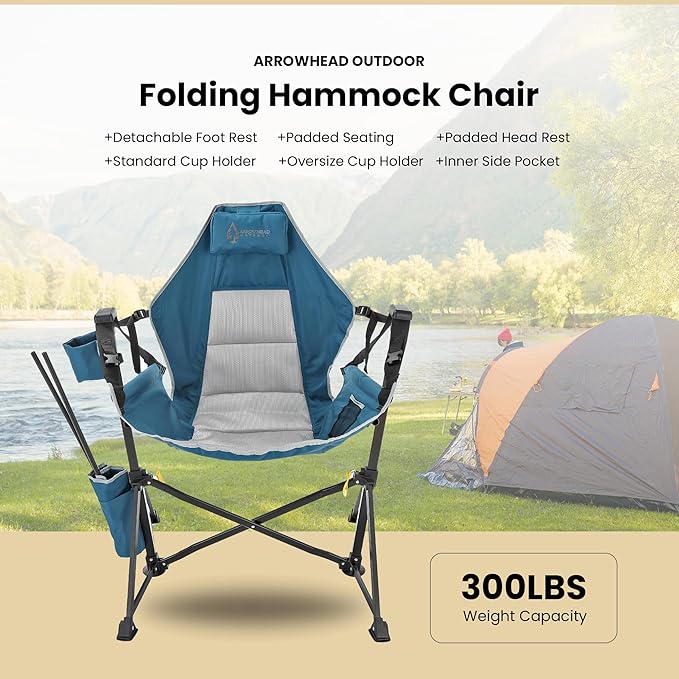 Arrowhead Outdoor Folding Hammock Camp Chair with Detachable Footrest, Stabilized Feet, Padded Headrest and Seat, Large Cup Holders, 300 LBS Weight Capacity, for Camping, Beach, Tailgating