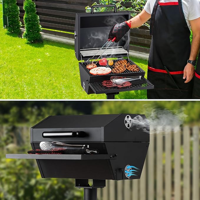 Stanbroil Park Style Charcoal Grill with Cover, Portable Park BBQ Grill Heavy Duty Porcelain Steel Cooking Grate, Folding Front Table, Stand Post for Backyard, RV Cooking, Camping, Tailgating