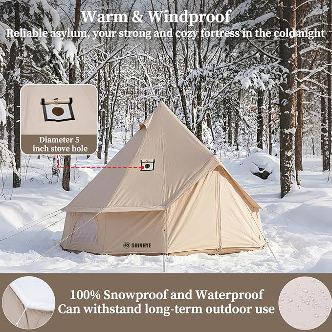 Canvas Bell Tent with Stove Jack, Glamping Yurt Tent for 360° Ventilated Mesh with Zipped Removable Floor, 4 Season Family House Hot Tents for All Year Living