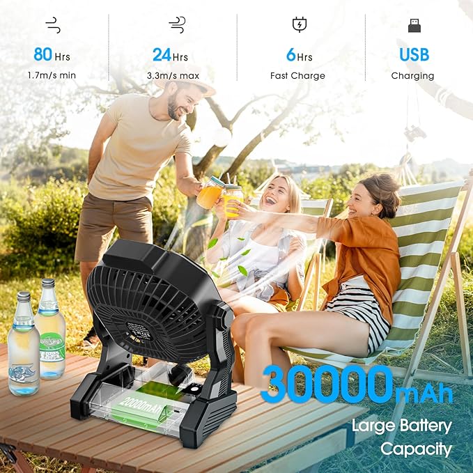 Camping Fan with LED Lantern, 20000 mAh 9 Inch Portable Rechargeable Battery Powered Fan with Stepless Speed and Quiet Battery Operated for Tent, Picnic, Barbecue, Fishing, Travel, Home