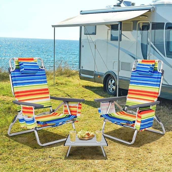Tangkula Backpack Beach Chair with Table, 5-Position Lay Flat Beach Chairs with Cooler Bag, 2 Cup Holders, Towel Bar, Lightweight Low Folding Beach Chair with Backpack Straps