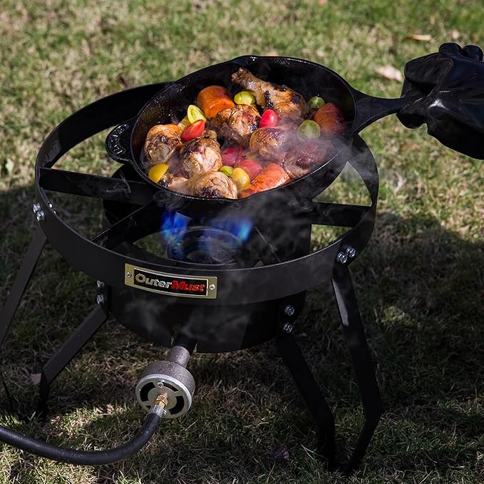 85000 BTU Camping Stove for Cast Iron Dutch Oven,Single Propane Burner with 10 PSI Regulator & Cast Iron Braided Holes, Heavy Duty Round Gas Stove for Outdoor Cooking & Camping