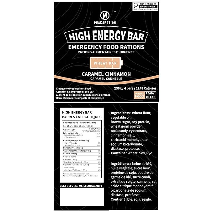 PEAK4RATION High Energy Bar | Compact Compressed Food Bar - Caramel Cinnamon 250g 1145kcal | Long Shelf-Life Emergency Food Ration | Survival Preparedness Food Bar for Outdoor Camping, Crisis, Earthquake, Wildfire, Home Preparedness