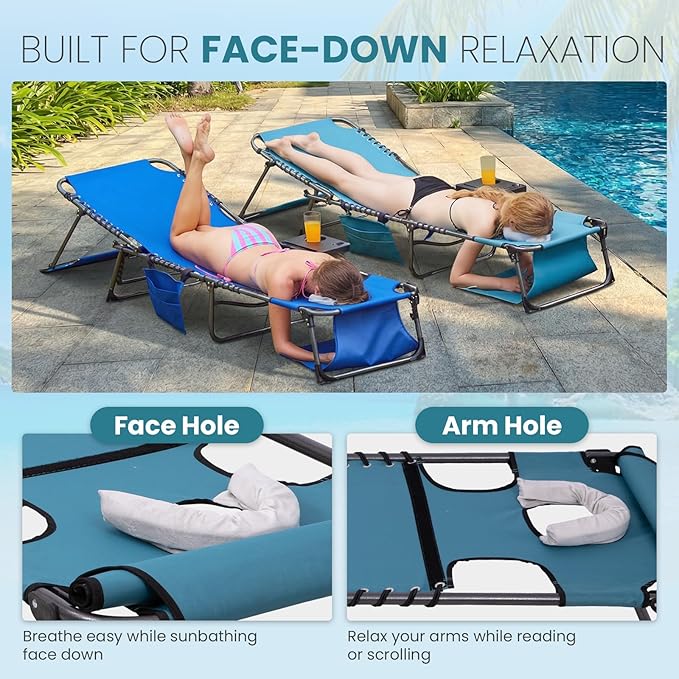 FUNDANGO 4 in 1 Tanning Chair with Face Hole & Canopy Shade, 400lbs Beach Lounge Chair with Side Table Chaise Lounge Chairs for Patio, Pool, Lawn, Sunbathing, 5-Position Adjustable Sun Lounger,Cyan