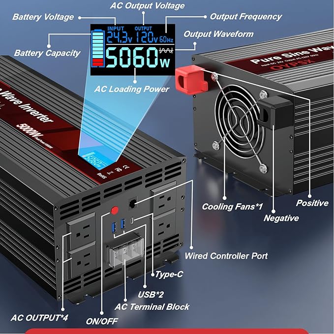 5000W Power Inverter 24V to 110V 120V AC Pure Sine Wave Inverter for RVs Truck Camping,Outdoor Off-Grid Power Converter with LCD Display,Wired Controller,AC Outlets USB Ports(24V-5000Watts)