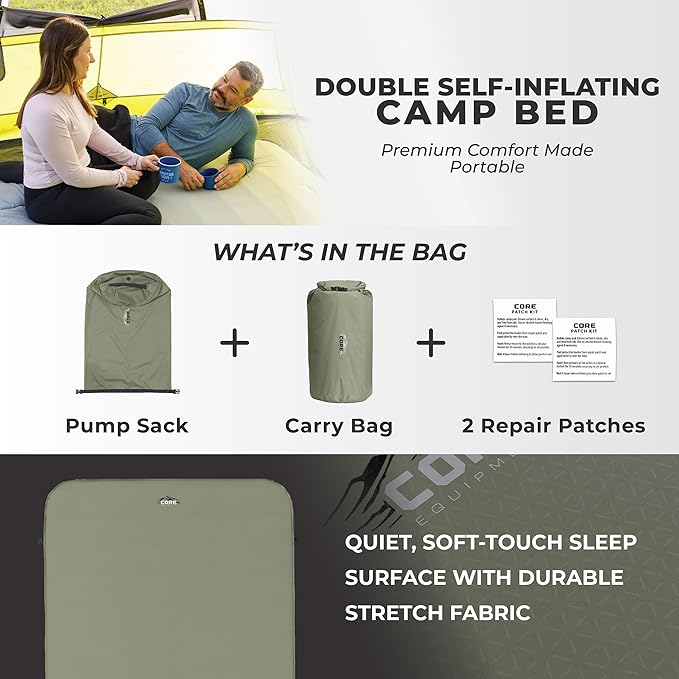 CORE Double Self Inflating Camping Bed | Perfect Blow Up Mattress for Travel Car Camping & Outdoor Use | Air & Foam Filled Inflatable Sleeping Pad for Adults