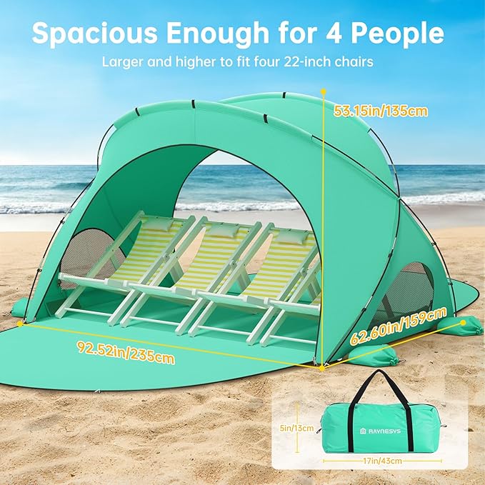 Beach Tent Sun Shelter, Sun Shelter for 1-4 Person, Beach Shade Tent, Beaches Shade with 2 Zippered Doors, Portable Tents for Camping Fishing, Green