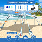 Beach Tent Sun Shelter 10x10ft Beach Canopy Easy Pop Up Sun Shade Portable UPF50+ with 8 Sandbags-2 Sand Shovel-4 Aluminum Poles-Ground Pegs for Outdoor Family Camping Fishing Backyard Picnic
