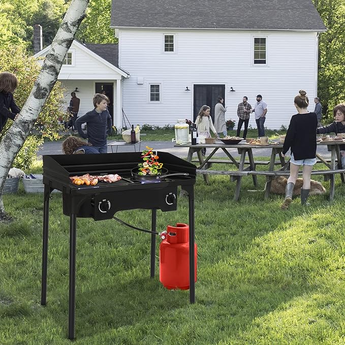Bonnlo 2-Burner Outdoor Portable Propane Burner Stove 150,000-BTU Gas Cooker with Windscreen & Carrying Bag, Heavy Duty Iron Cast Patio Burner with Detachable Stand Legs for Camp Cooking