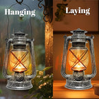 Vintage LED Outdoor Lantern Battery Powered Lanterns with Flame Wick Waterproof Camping Lamp Non-Solar Hanging Lantern Lights Landscape Decor for Indoor/Outdoor Use- Silver Color