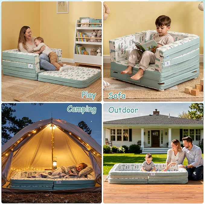 Toddler Travel Bed,Bunny-Shaped 3-in-1 Foldable Toddler Bed for Kids, Portable Toddler Cot with Washable Covers Soft Foam Raised Bumper for Naps,Lounger,and Little Sofa