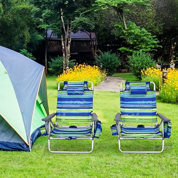 Goplus Beach Chair, Folding Backpack Beach Chairs for Adults with 5 Positions, Head Pillow, Cooler Bag, Towel Bar, Cup Holders, Sunbath Sling Tanning Lounge, Foldable Layout Camping Chairs