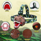Dinosaur Headlamp for Kids Flashlight Rechargeable Led Headlights Roar & Silent Mode, T-Rex Dinosaur Toys for Kids 3-5 4-6 5-7 6-8, Camping Gear, Easter Gifts for Boys Girls Adults