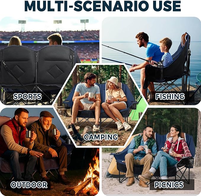 Oversized USLCamping Chair - 2 Person Portable Folding Outdoor Loveseat Heavy Duty Lawn Chairs for Adults with Padded Cushion & Dual Cup Holders, Supports 660LBS for Camping，Sports，Picnic