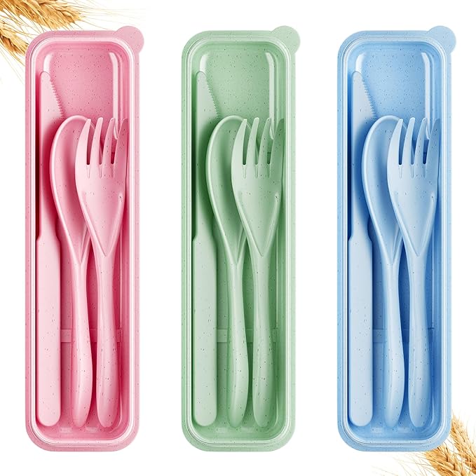 Quatish Reusable Travel Utensils with Case,3 Sets of Camping Utensils,Portable Wheat Straw Utensil (Knife, Fork, Spoon) for Lunch Box,Kitchen, Travel, Picnic & Daily Use - Easy to Clean (Multi-Color)