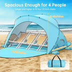 Beach Tent Sun Shelter, Beach Shade Tent with UPF50+ UV Protection, Sun Shelter for 1-4 Person, Beaches Shade with 2 Zippered Doors, Portable Tents for Camping Fishing, Light Blue