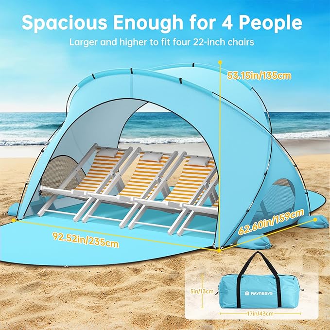 Beach Tent Sun Shelter, Beach Shade Tent with UPF50+ UV Protection, Sun Shelter for 1-4 Person, Beaches Shade with 2 Zippered Doors, Portable Tents for Camping Fishing, Light Blue