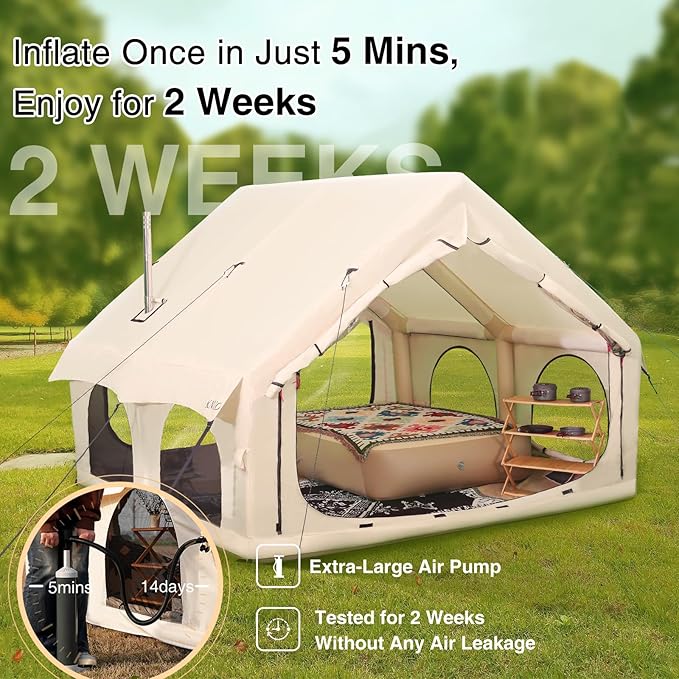 2025 Upgraded Waterproof Inflatable Camping Tent, Large Blow-Up Air Tent, No Assembly Needed Luxury Glamping House, Oxford Fabric