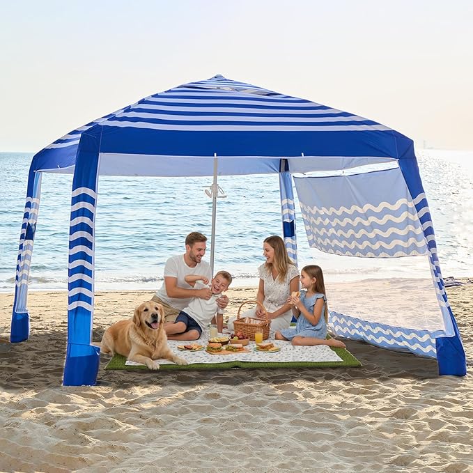 Zeraty Beach Cabana 8'×8', Portable Beach Canopy with Side Wall, Easy Pop Up UPF 50+ Silver-Coated Beach Tent Sun Shelter, Wind Resistant Adjustable Height Beach Umbrella Tent for Family, Navy Blue