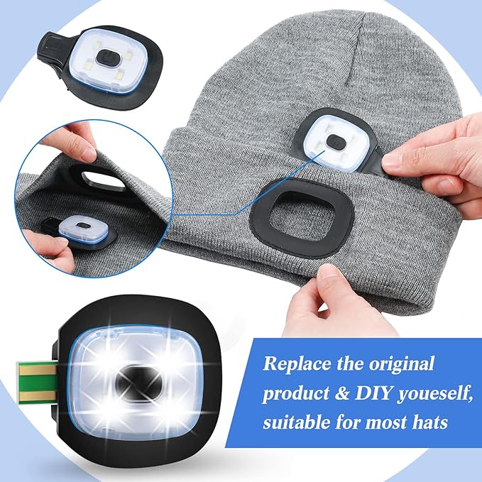 Mudder LED USB Rechargeable Beanie Light with Rubber Piece for LED Beanie Hat Craft Kits, Easy Install and Replaceable Headlamp Hat DIY Unisex Hand-Free Headlight for Men and Women(4 Pieces)
