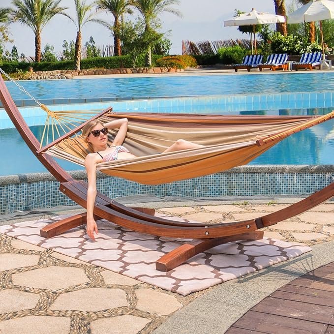 Lazy Daze Hammocks 12 FT Outdoor Arc Wood Hammock Stand, 2 Person Hard Pine Wood Hammock Stand with Carabiners and Chains for Outdoor Patio Garden Yard Poolside, 400lb Capacity, Brown