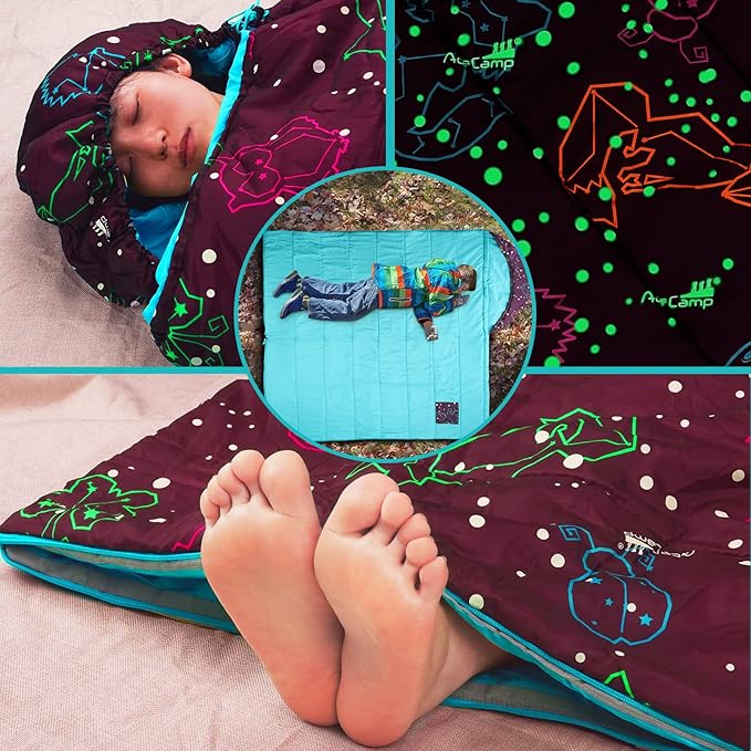 AceCamp Kids Sleeping Bag, Glow-in-The-Dark Sleeping Bag for Kids and Youth, Portable Water-Resistant Kids Sleeping Bag, Temp Rating 30F/ -1℃, for Camping, Hiking, Slumber Party
