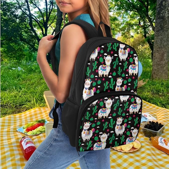 School Backpack for Kids Bookbag Insulated Cooler Backpacks with Lunch Box and Pencil Case Reusable Water Resistant Tote Food Bag for College Camping Picnics, Cactus Alpaca